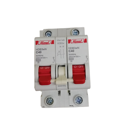 Himel circuit breaker double pole with red handles and interlock for manual transfer switch 40a