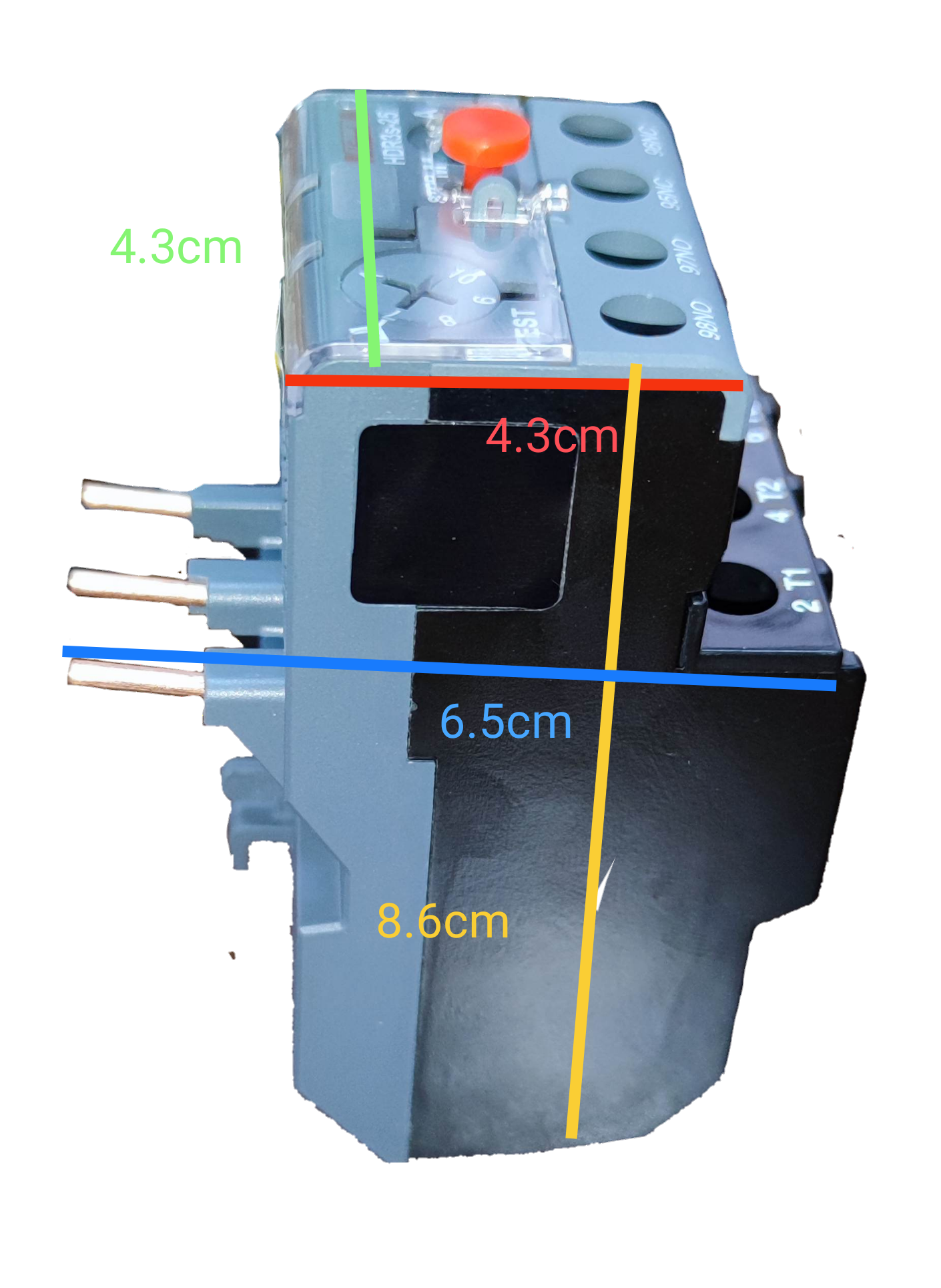 Himel overload relay 7-10A shown from the side with clear dimensions for easy reference