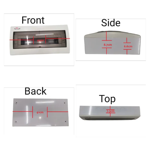 Himel panel board 63A 2 pole electrical circuit breaker box with front, side, back, and top views
