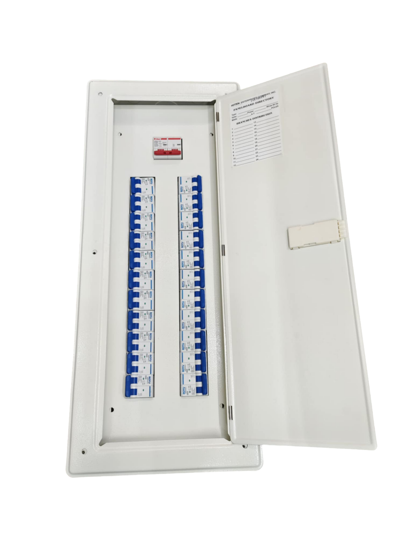 Panel Board 80A 2 Pole Main Himel white electrical distribution board with multiple circuit breakers inside