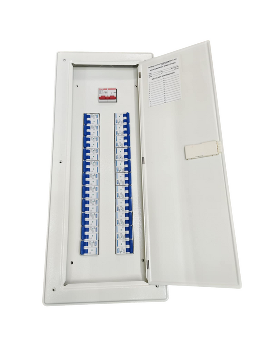 Panel Board 80A 2 Pole Main Himel white electrical distribution board with multiple circuit breakers inside