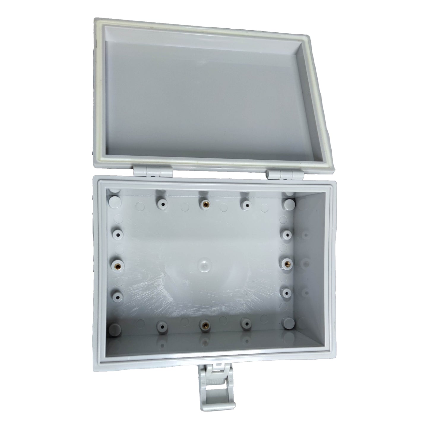 Open Grippes hinged outdoor junction box 21x16x9cm with multiple entry points for wiring