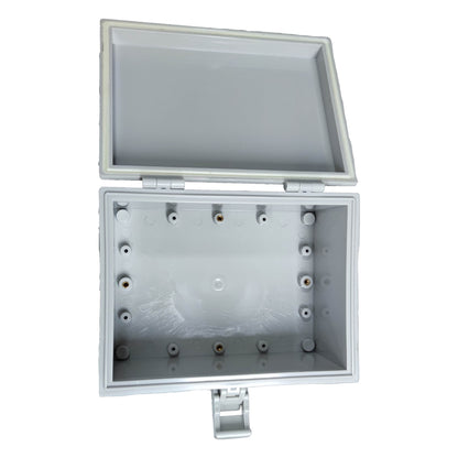 Open Grippes hinged outdoor junction box 21x16x9cm with multiple entry points for wiring