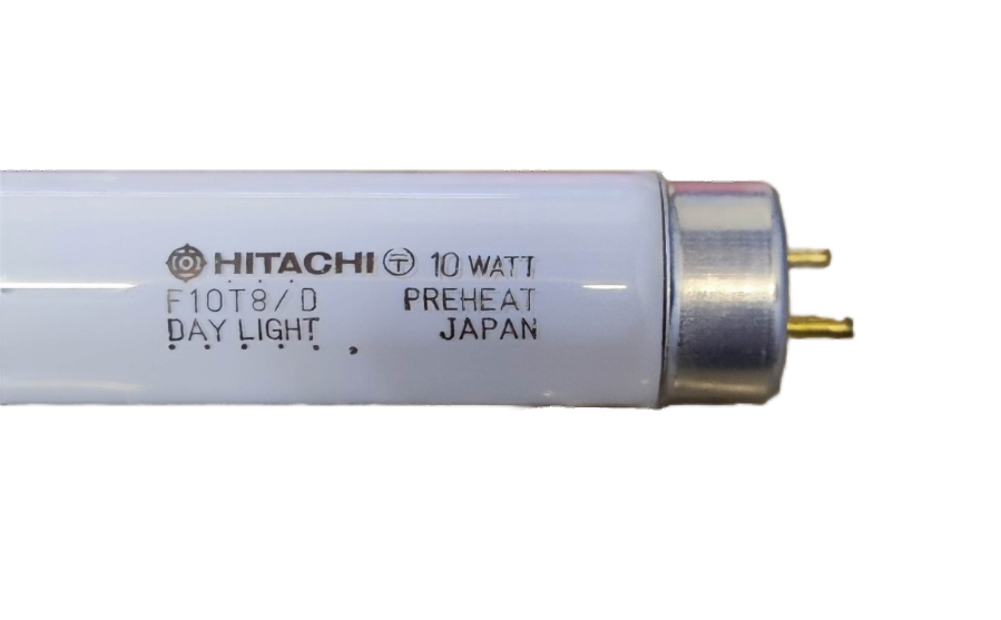 Hitachi 10W T-8 Fluorescent Tube Daylight with metal cap and two pins on black background