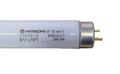 Hitachi 10W T-8 Fluorescent Tube Daylight with metal cap and two pins on black background