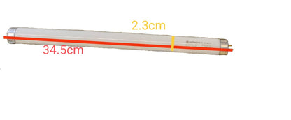 Hitachi 10W T-8 Fluorescent Tube Daylight measuring 34.5 cm length and 2.3 cm diameter