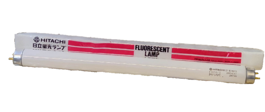Hitachi 10W T-8 Fluorescent Tube Daylight with white cylindrical design and metal connectors