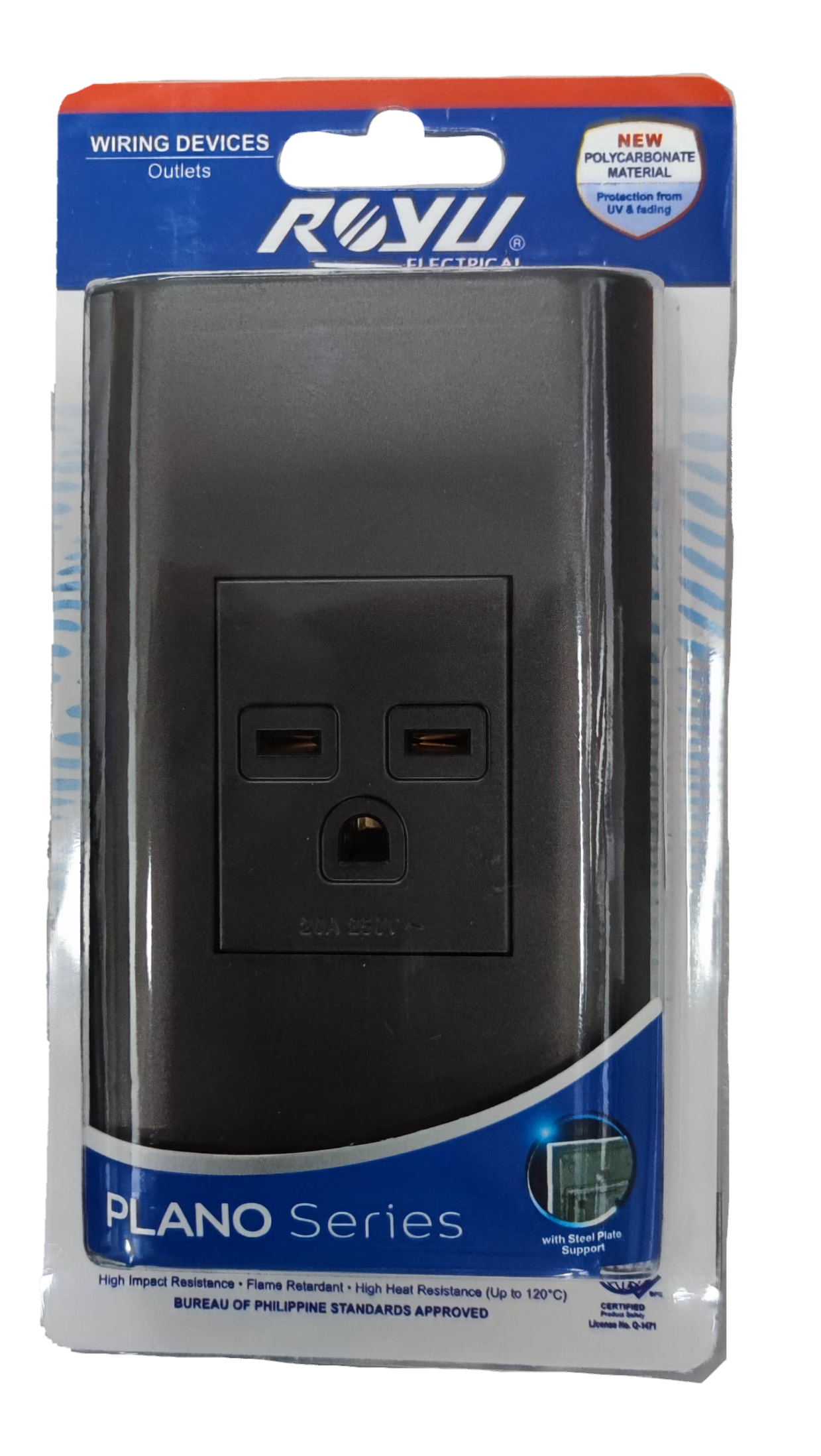 Royu Tandem Outlet with Plate Dark Gray in retail packaging Plano Series wall power outlet