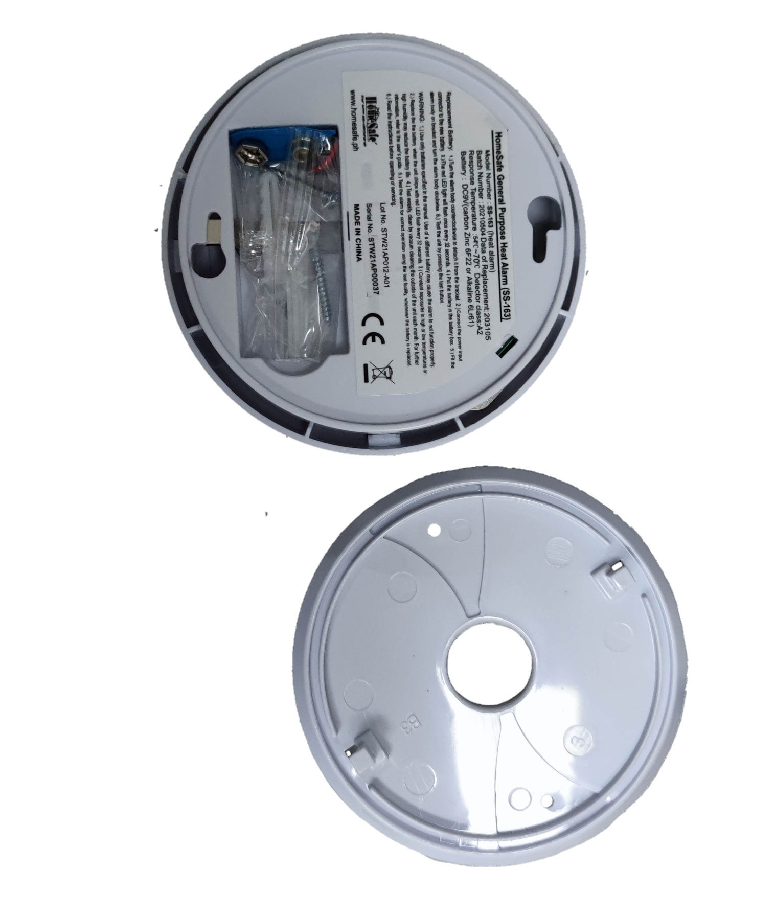 ZwitseRise Heat Detector 9V white circular fire alarm base components with mounting hardware