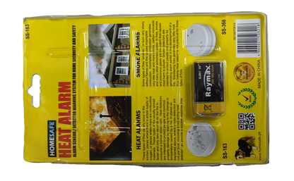 ZwitseRise Heat Detector 9V packaging showing fire alarm detectors and Raymax battery on yellow background