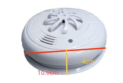 ZwitseRise Heat Detector 9V smoke alarm with white circular design measuring 10.6 cm by 4 cm