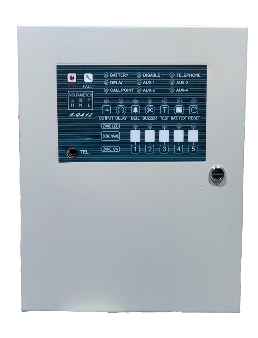 Horing Lih 5 Zones Fire Control Panel with status indicators and zone controls in white metal enclosure