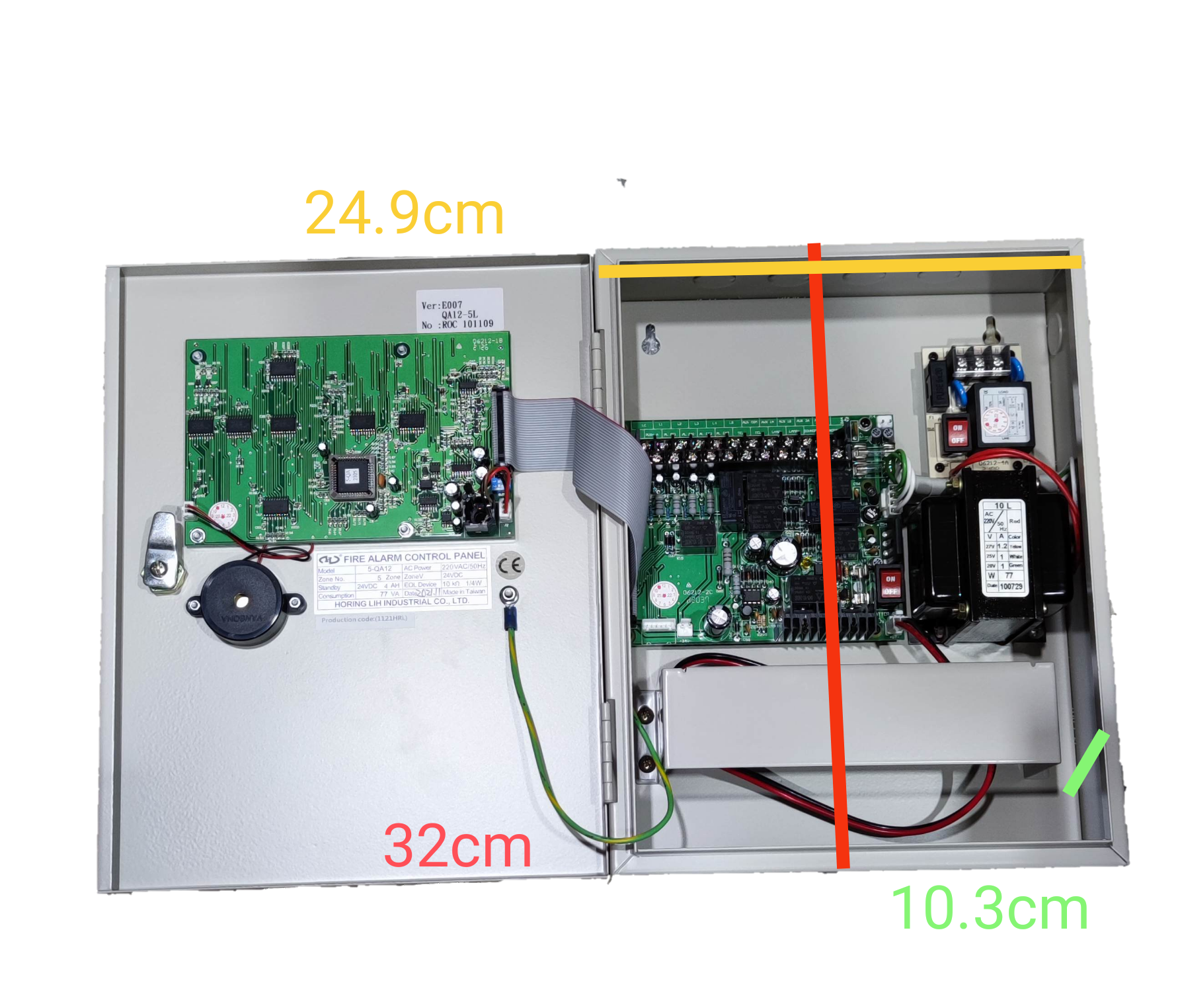 Horing Lih 5 Zones Fire Control Panel showing internal circuit boards and wiring inside metal enclosure