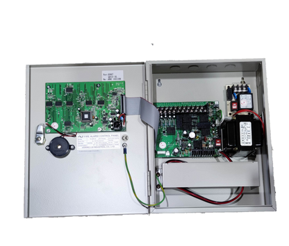Horing Lih 5 Zones Fire Control Panel with circuit boards and wiring inside metal enclosure