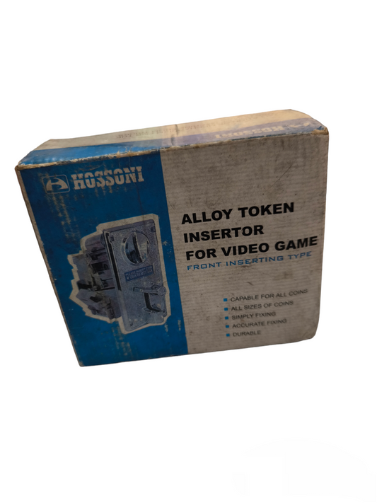 Local brand alloy coin insertor slot part for video games in blue and gray packaging box