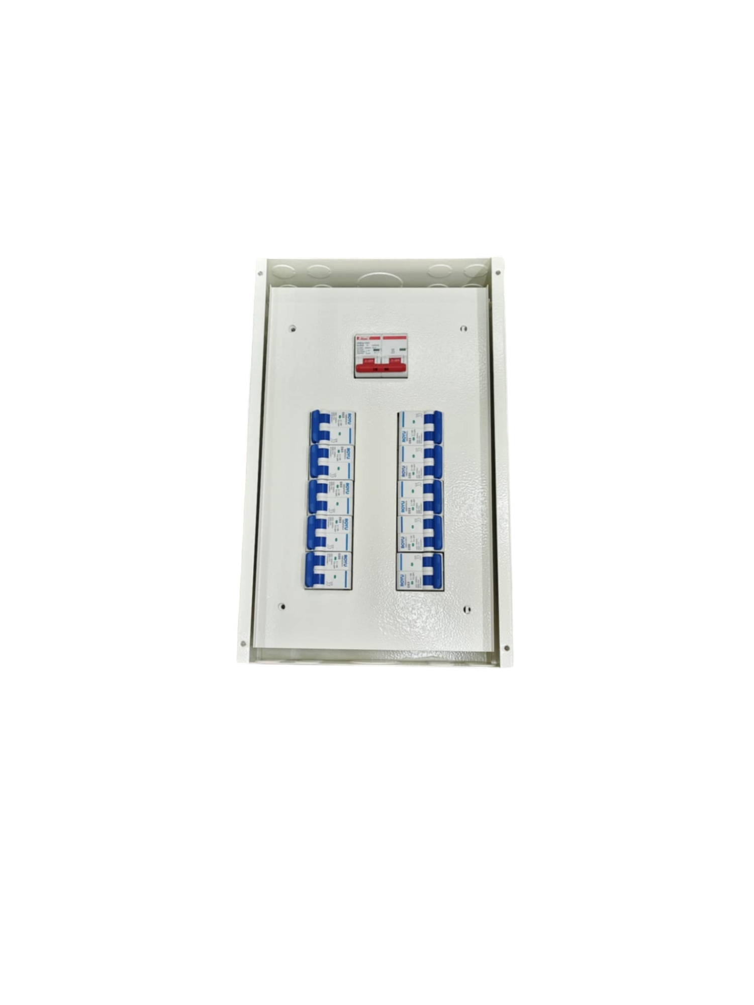 Himel and Koten and Royu white metal distribution panel with two rows of blue MCBs 10 Branches 125A Main 2P for MCB.