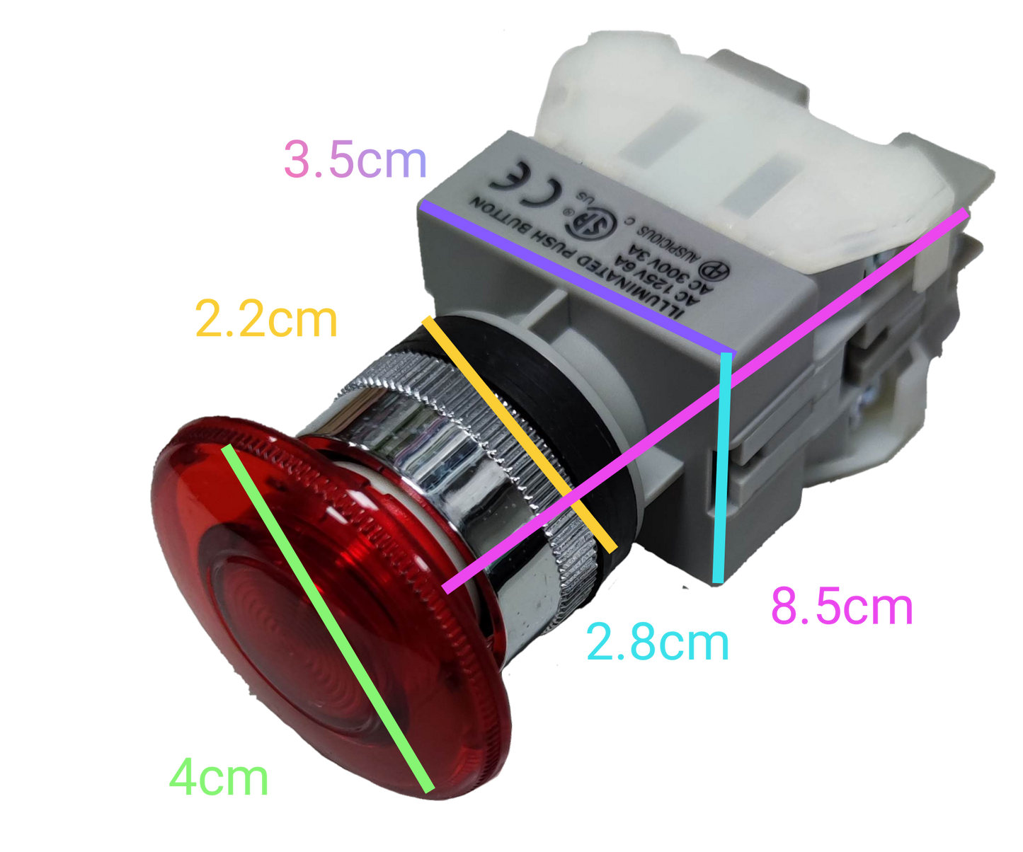 Auspicious illuminated emergency push button with red cap and detailed size dimensions for power points and switches