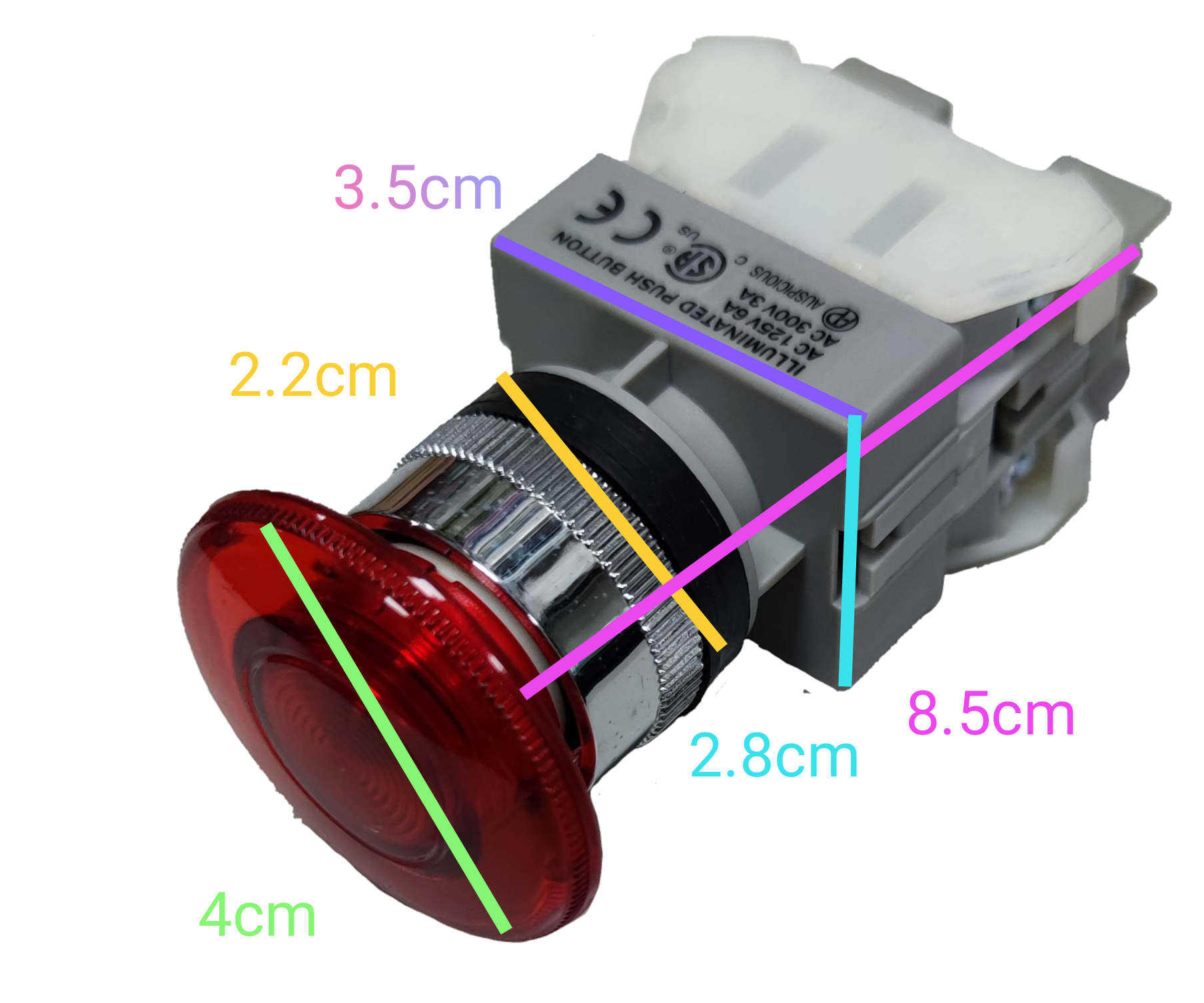Auspicious illuminated emergency push button with red cap and detailed size dimensions for power points and switches