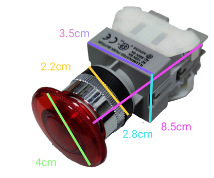Auspicious illuminated emergency push button with red cap and detailed size dimensions for power points and switches