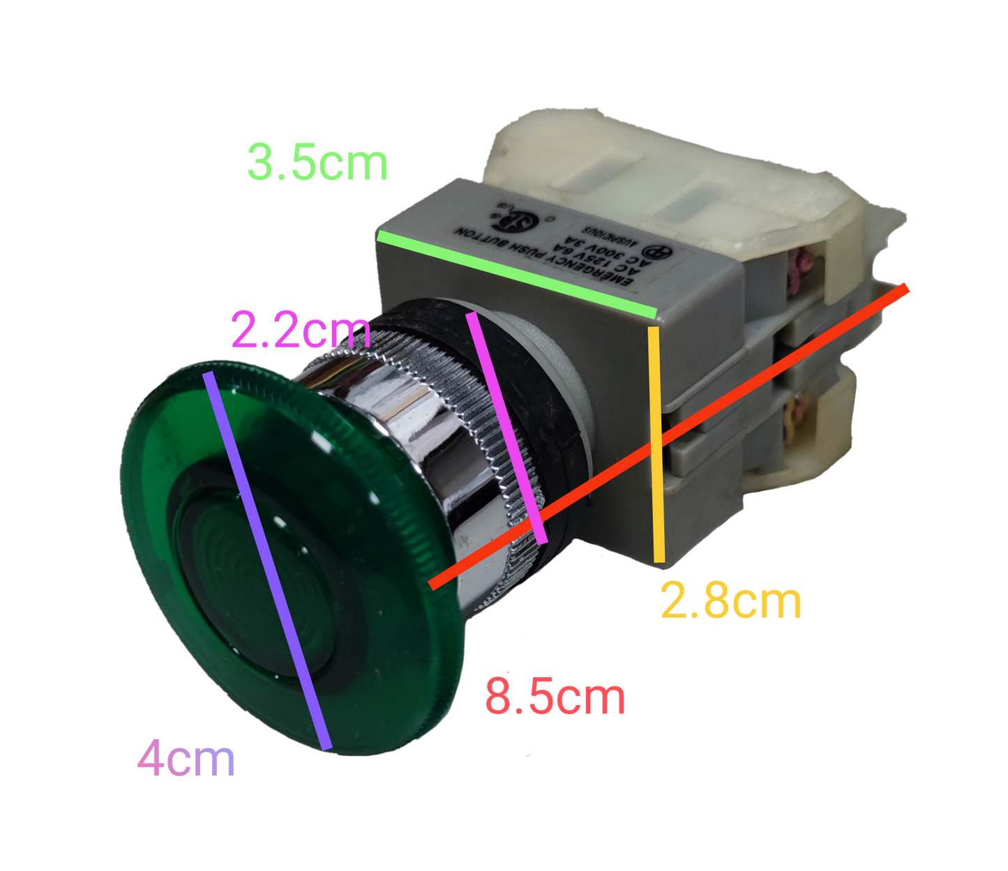 Auspicious illuminated emergency push button switch with detailed dimensions on black background