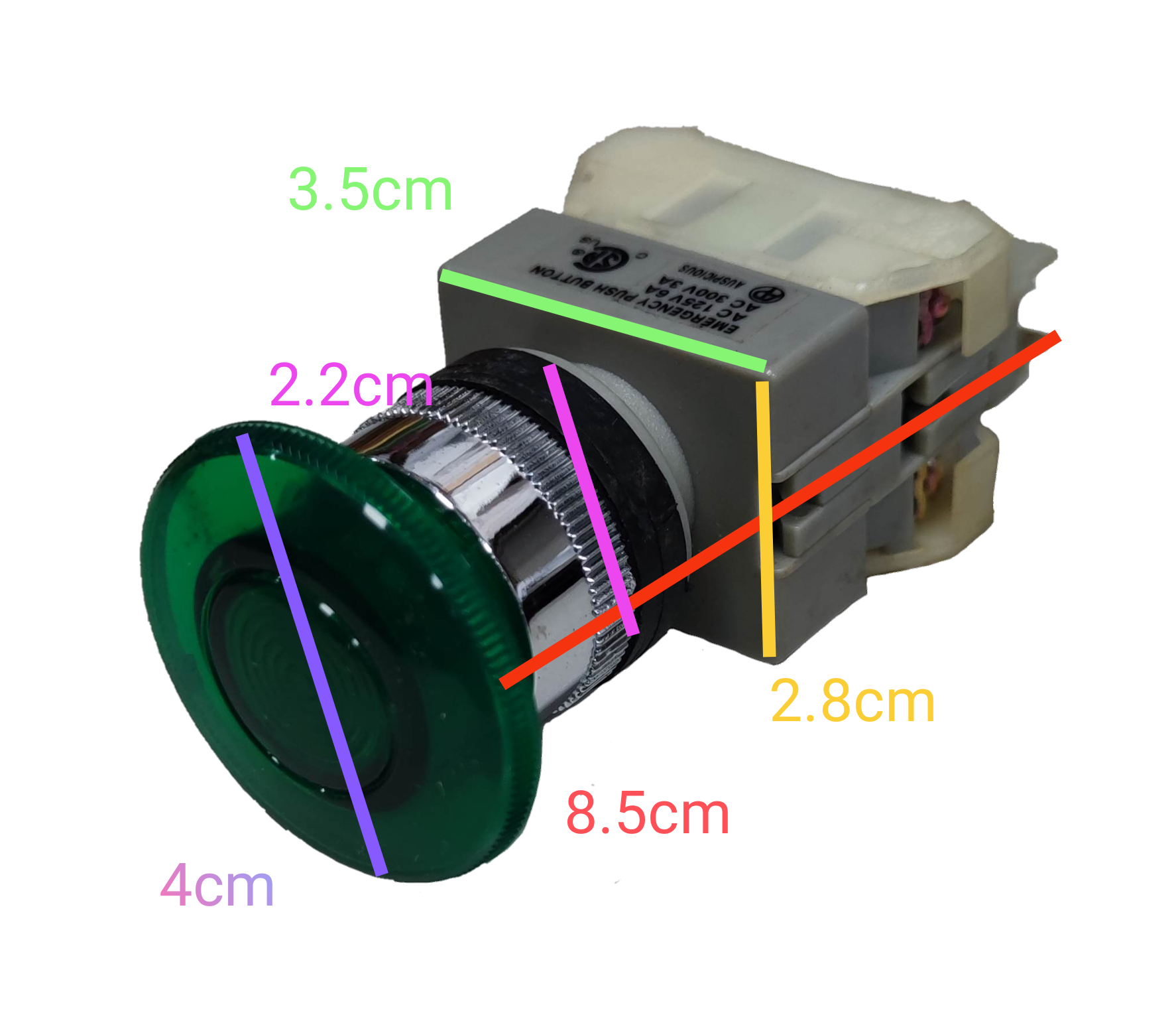Auspicious illuminated emergency push button switch with detailed dimensions on black background