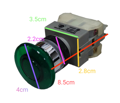 Auspicious illuminated emergency push button switch with detailed dimensions on black background
