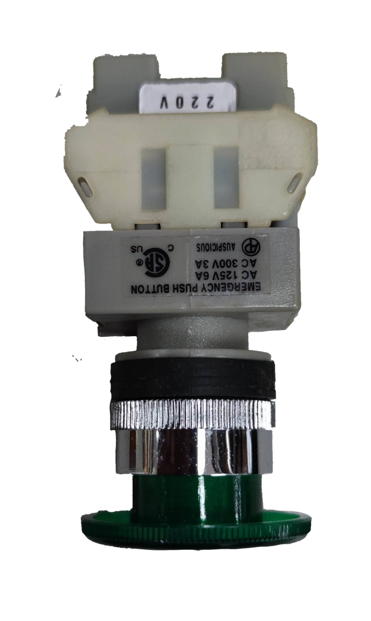 Auspicious illuminated emergency push button switch with green cap and silver ring for power control