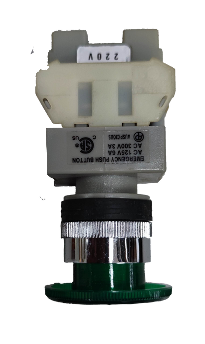 Auspicious illuminated emergency push button switch with green cap and silver ring for power control