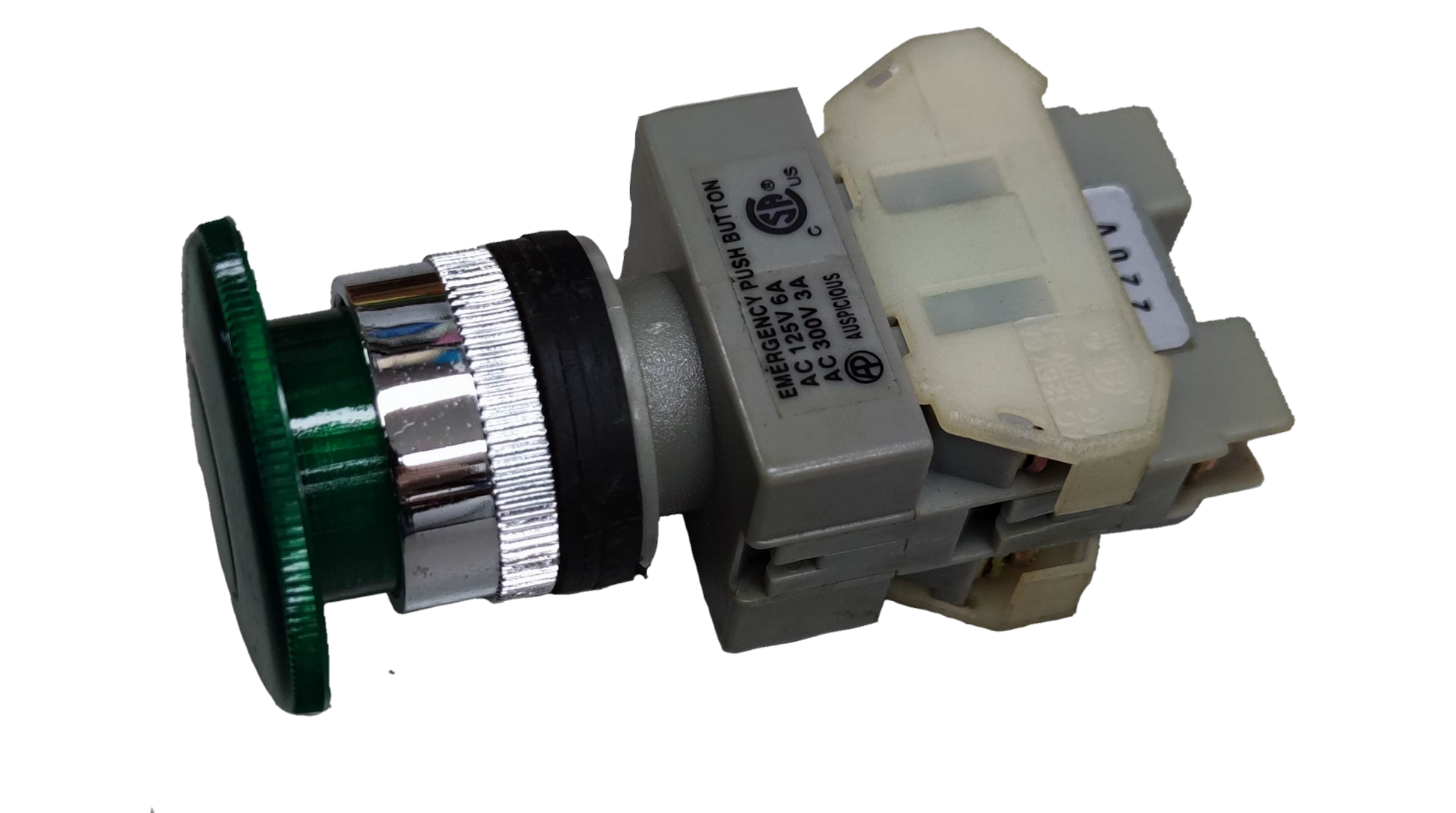 Auspicious illuminated emergency push button switch with green button and grey housing for power points and switches