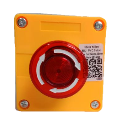 Auspicious illuminated emergency stop button with red circular switch on yellow square base