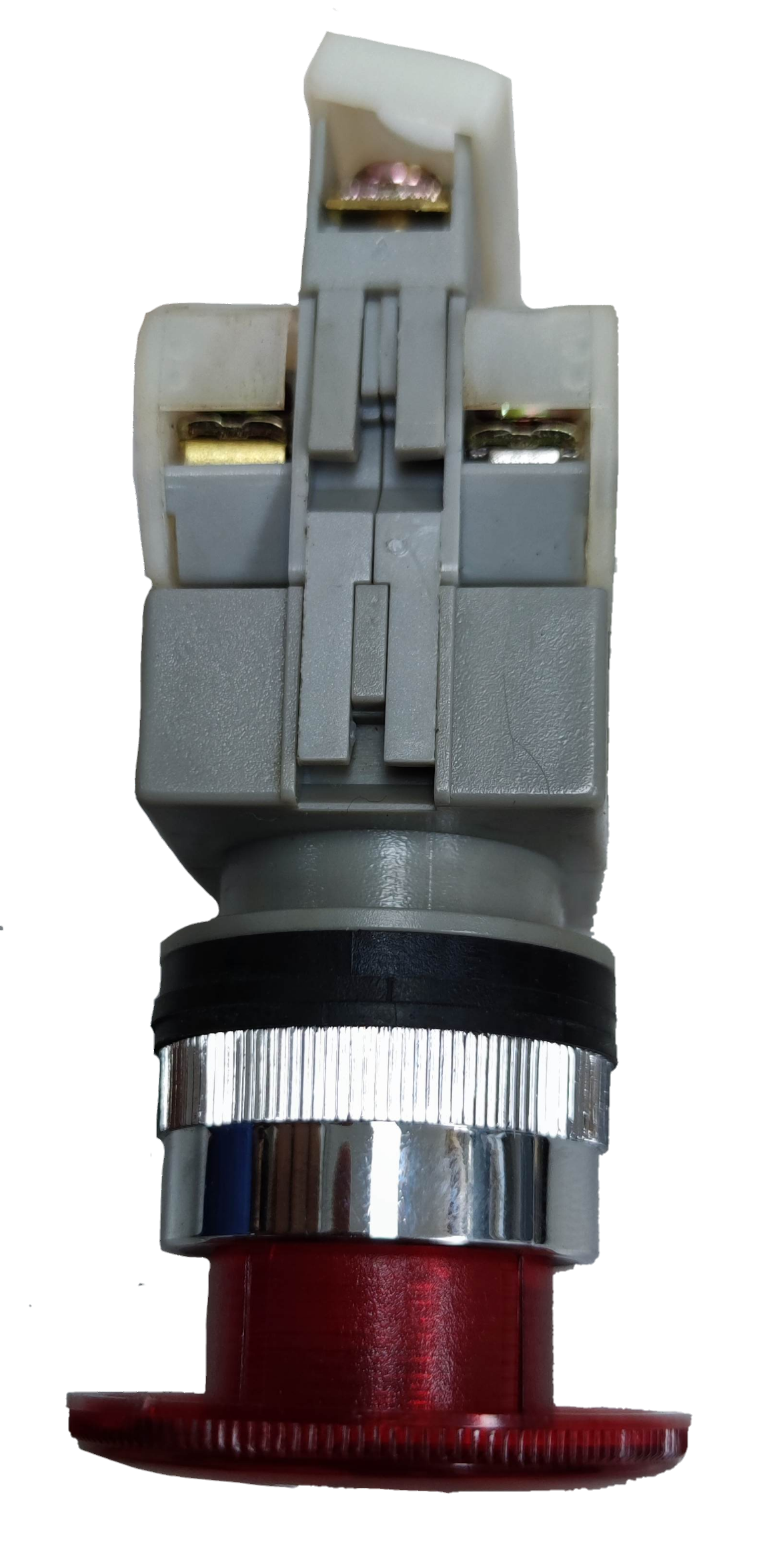 Auspicious illuminated emergency stop push button with red actuator and metal ring for power switch control