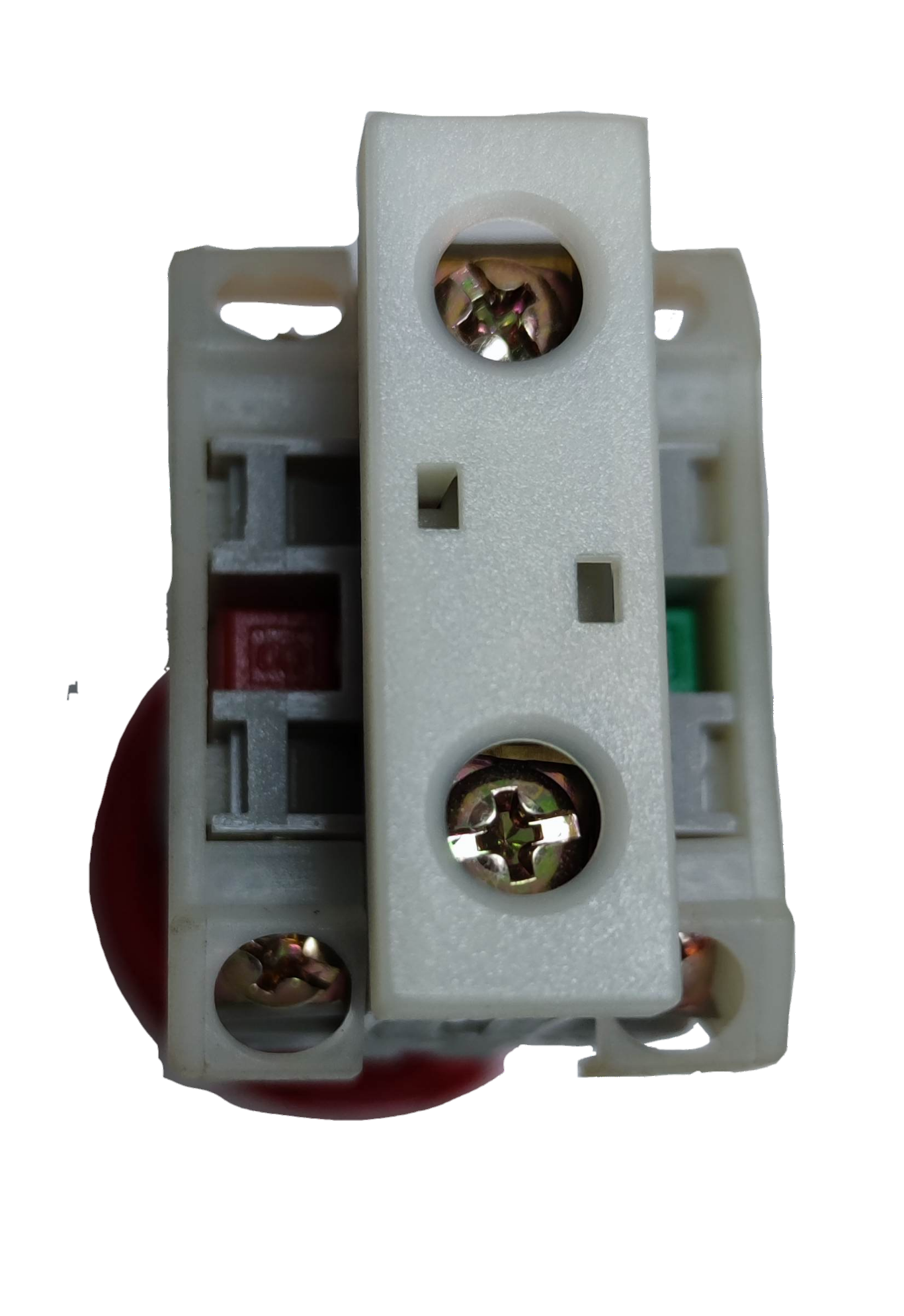 Auspicious illuminated emergency stop push button with white plastic mounting and metal screws