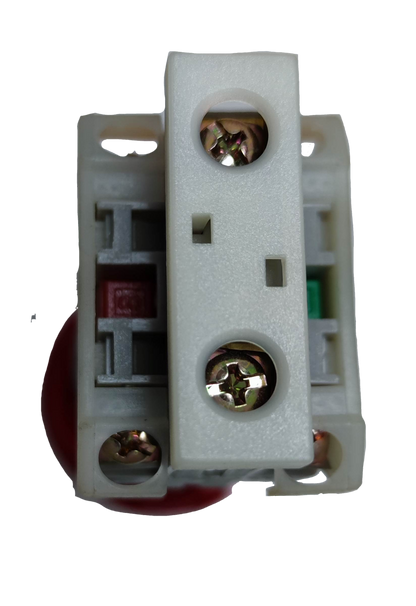 Auspicious illuminated emergency stop push button with white plastic mounting and metal screws