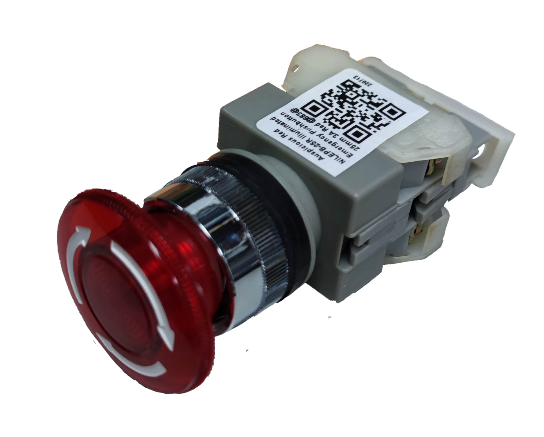 Auspicious illuminated emergency stop push button with red top and white directional arrows