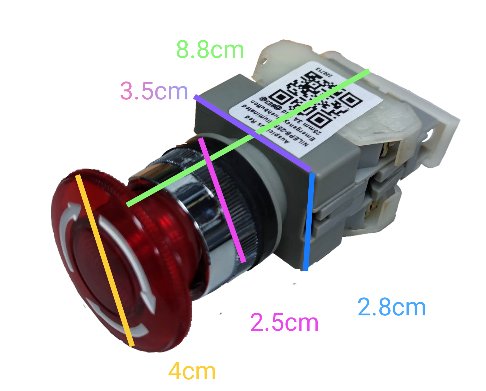 Auspicious illuminated emergency stop push button with red circular actuator and dimensions labeled