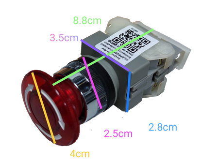 Auspicious illuminated emergency stop push button with red circular actuator and dimensions labeled