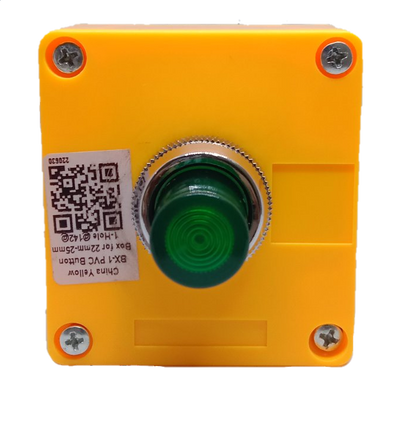 Auspicious illuminated push button green 220V mounted on yellow square base with screws