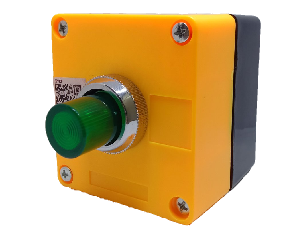 Auspicious illuminated push button green 220V mounted on a yellow plastic enclosure with screws