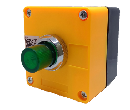 Auspicious illuminated push button green 220V mounted on a yellow plastic enclosure with screws