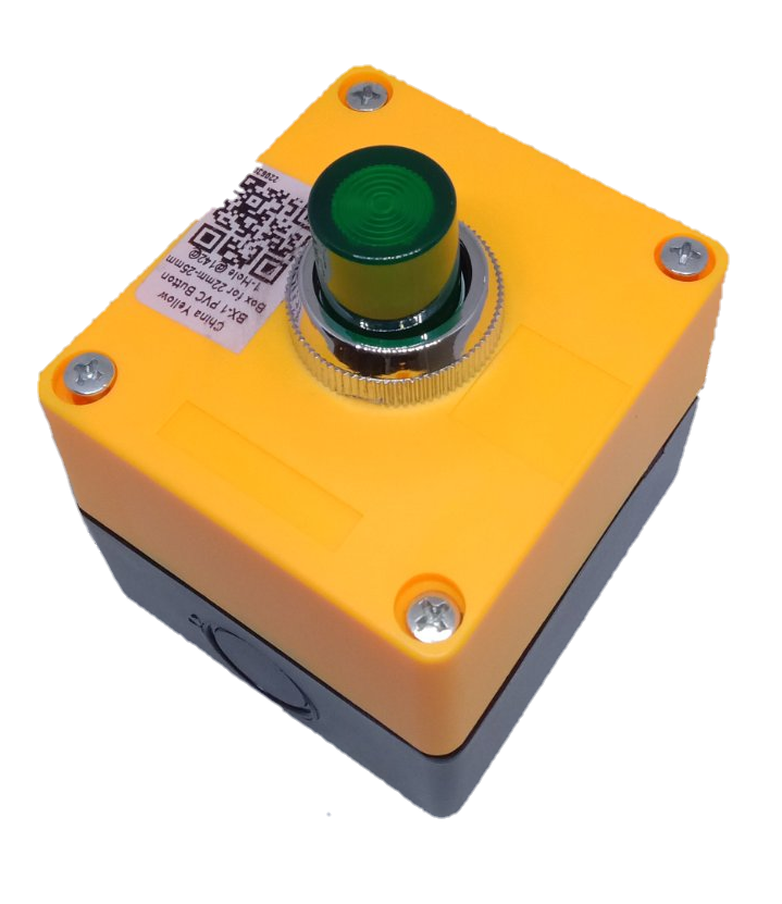 Auspicious illuminated push button green 220V mounted on a yellow and gray industrial control box