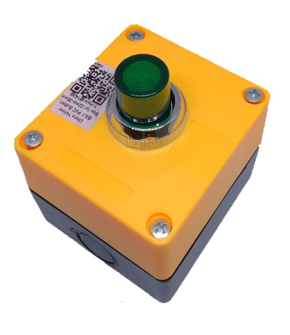 Auspicious illuminated push button green 220V mounted on a yellow and gray industrial control box