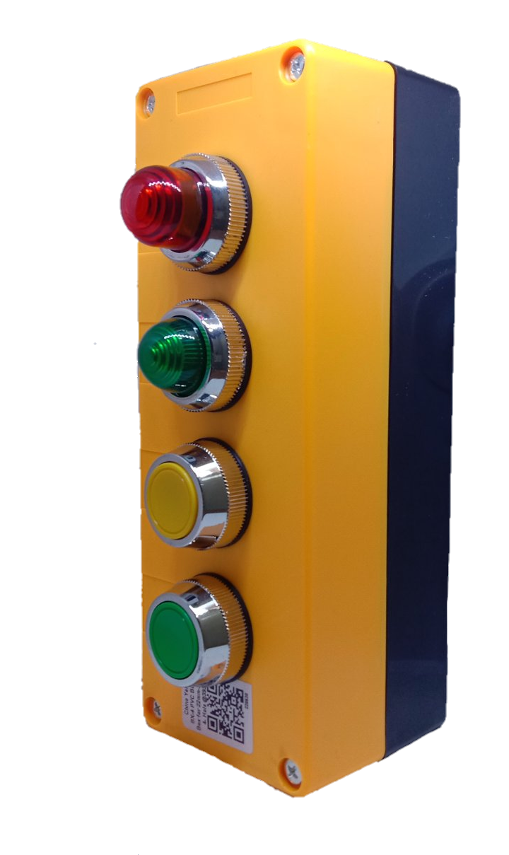 Auspicious illuminated push button switch with red, green, yellow, and green buttons on yellow and black casing