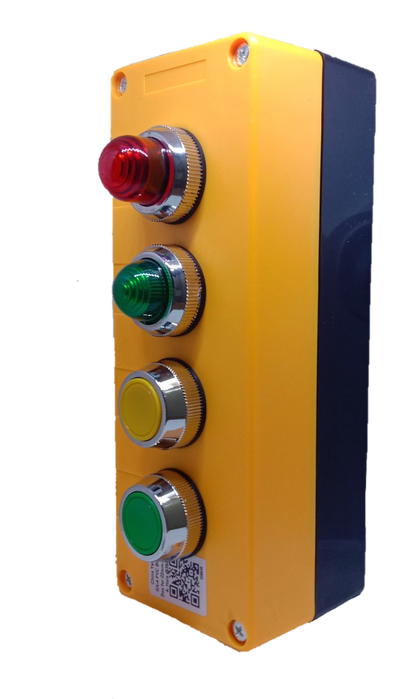 Auspicious illuminated push button switch with red, green, yellow, and green buttons on yellow and black casing