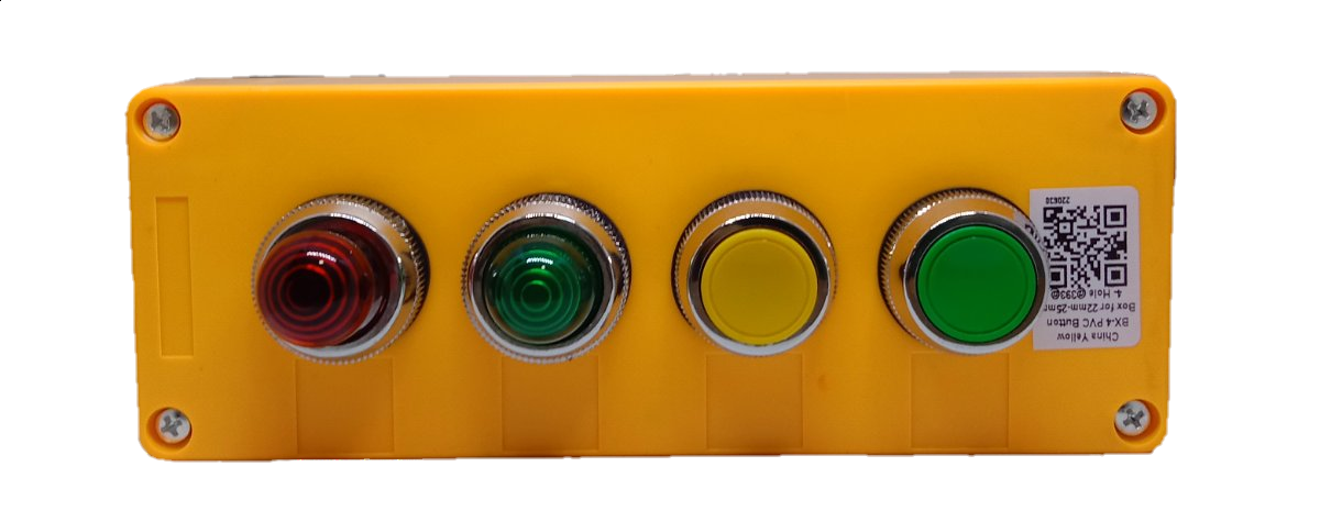 Auspicious yellow control panel with four illuminated push button switches in red, green, yellow, and green colors
