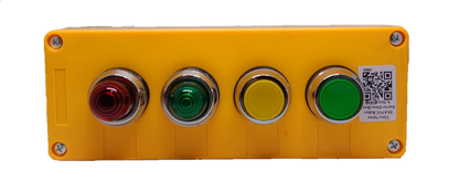 Auspicious yellow control panel with four illuminated push button switches in red, green, yellow, and green colors