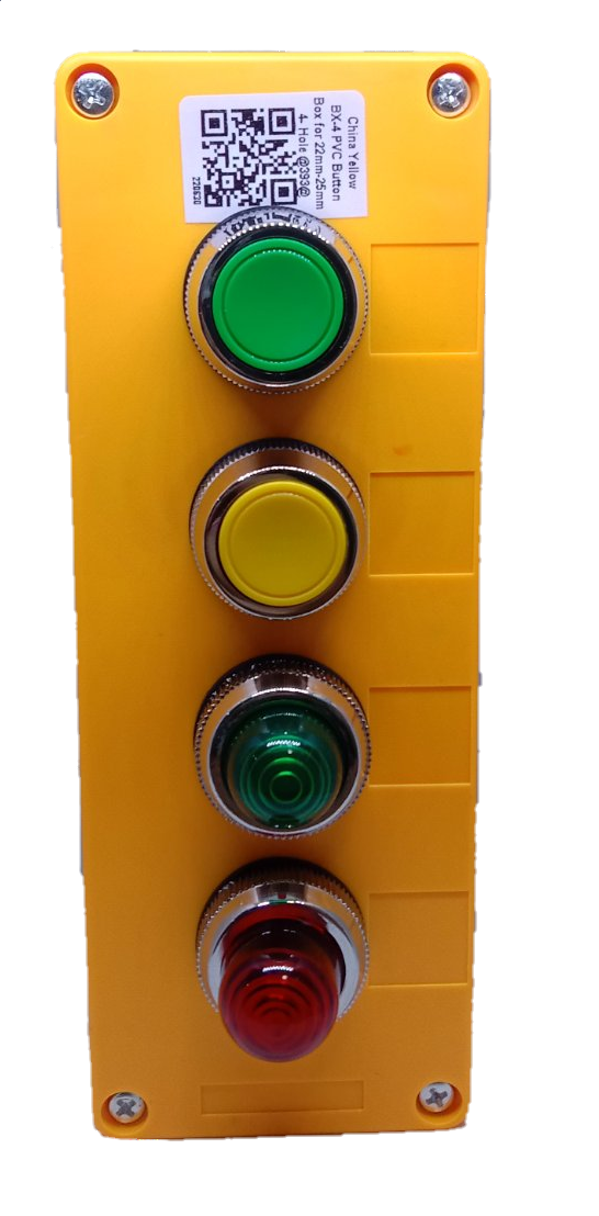 Auspicious illuminated push button switch panel with green, yellow, green, and red buttons on yellow base