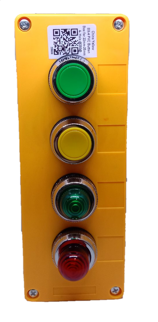 Auspicious illuminated push button switch panel with green, yellow, green, and red buttons on yellow base