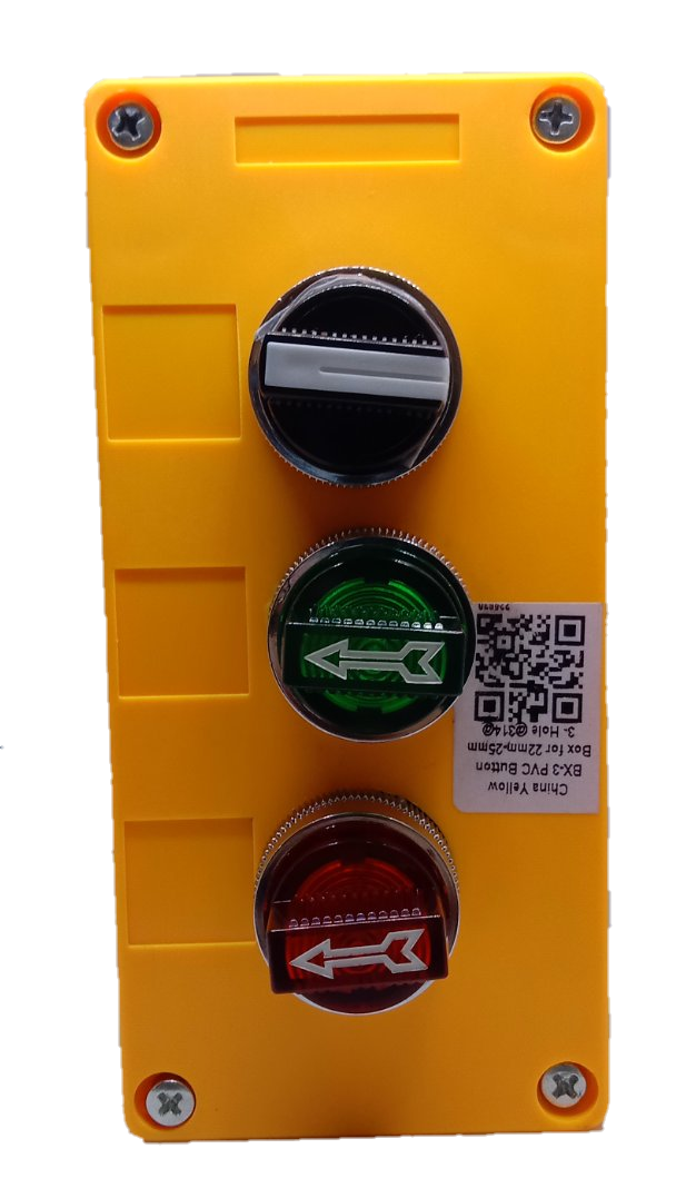 Auspicious illuminated selector switch 220V with red green and black toggle buttons on yellow panel