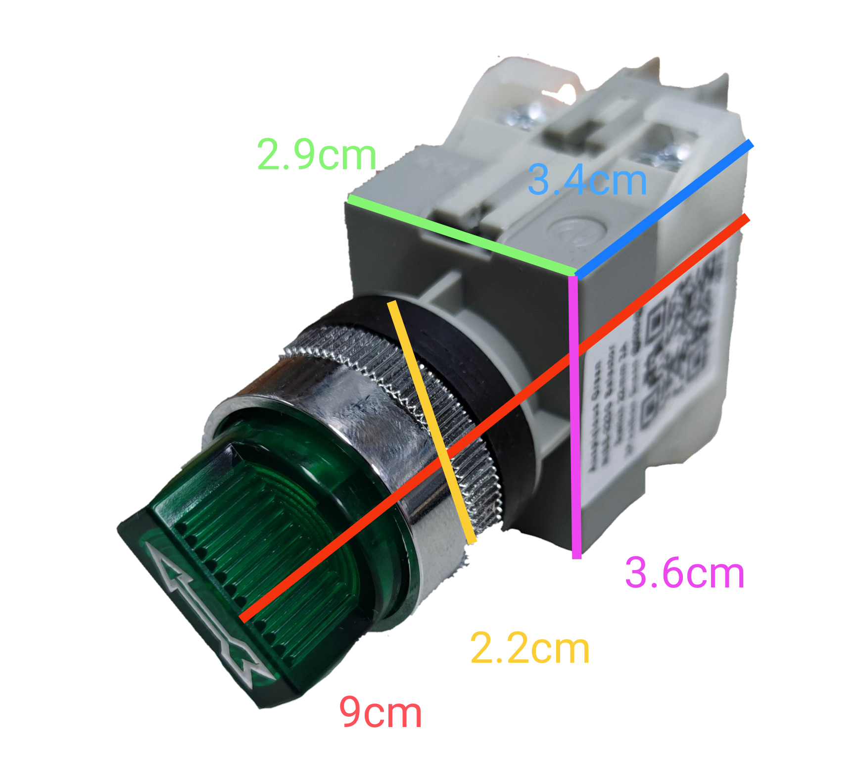 Auspicious illuminated selector switch 22mm green with measurement markings on black background