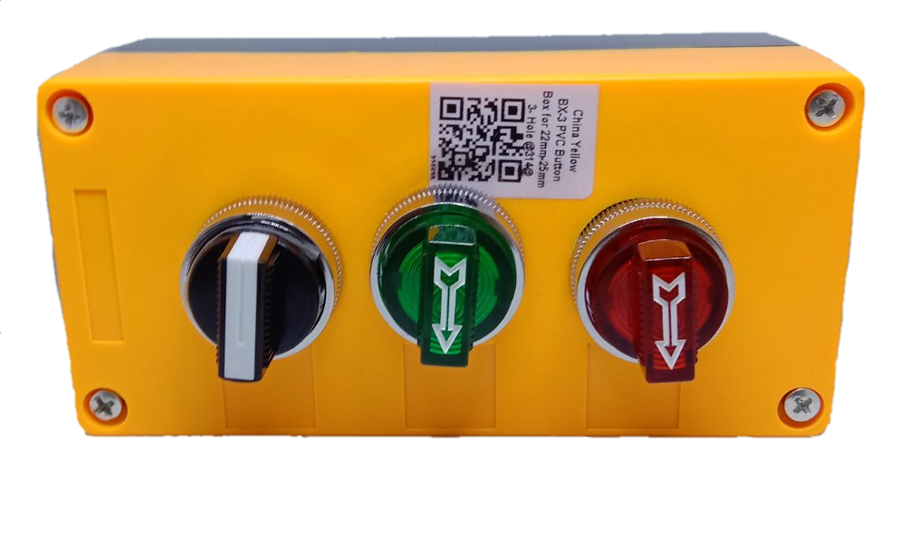 Auspicious illuminated selector switch with box featuring black knob and green and red illuminated buttons